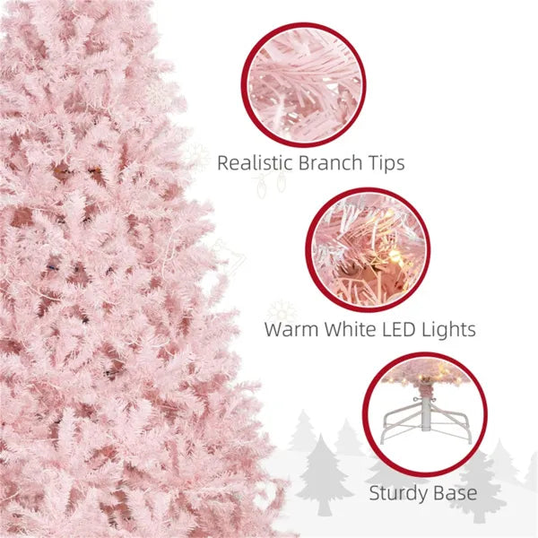 Pre-Lit Pink Christmas Tree 7.5ft – 500 Warm White LED Lights, 1346 Tips, Hinged Branches