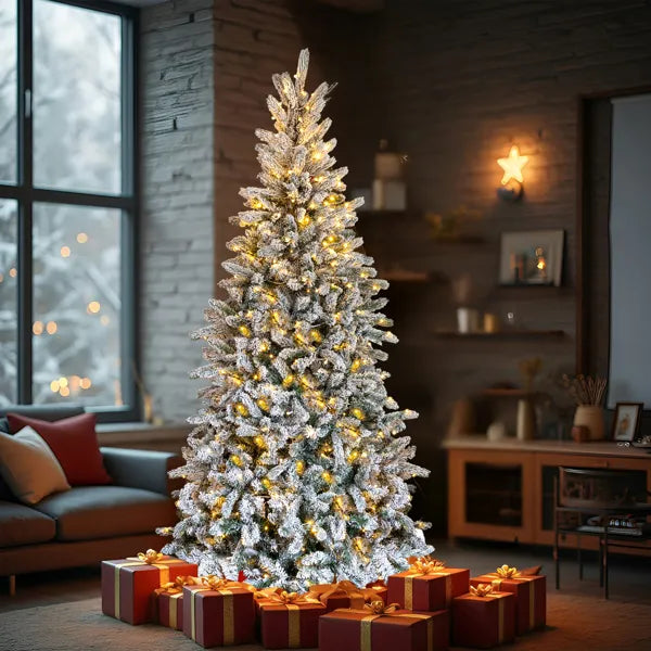 Pre-Lit Snow Flocked Pencil Christmas Tree 7ft – 400 Lights, 1100 Tips, Hinged Slim Pine