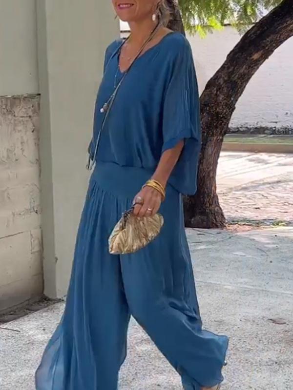 Olive | Women's V-Neck Batwing Sleeve Wide Leg Jumpsuit 2 Piece