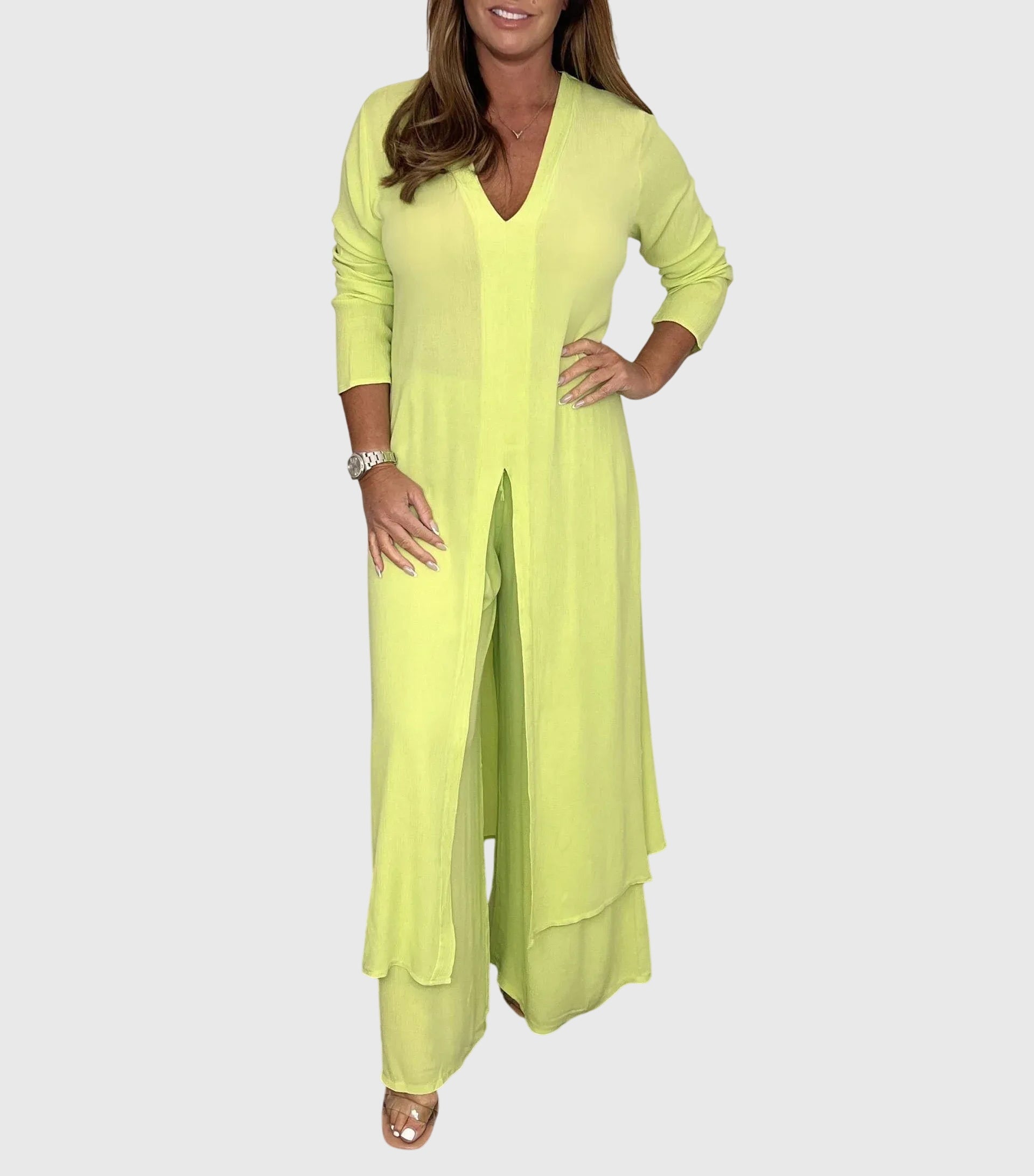 Pearl | Women's Duster Cardigan Two-Piece Set Wide Leg Pants