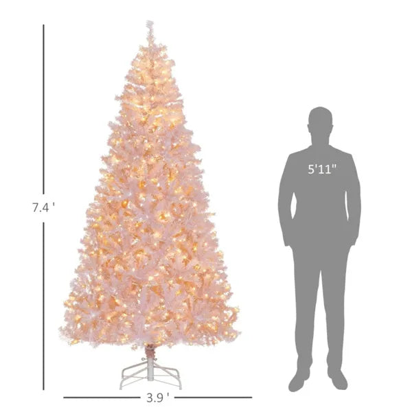 Pre-Lit Pink Christmas Tree 7.5ft – 500 Warm White LED Lights, 1346 Tips, Hinged Branches