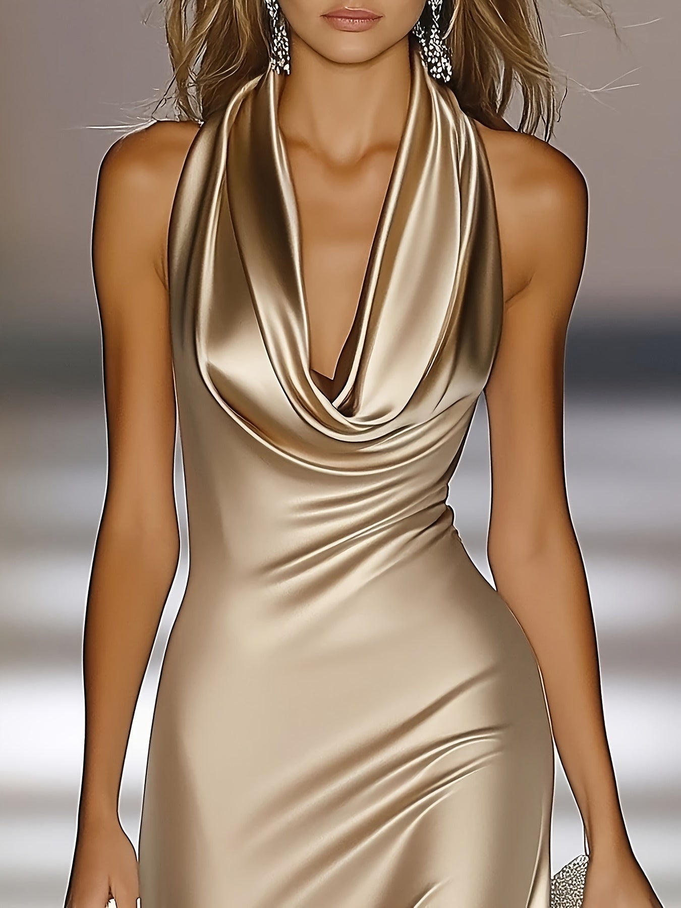 Women's Satin Maxi Dress Cowl Neck Backless Sleeveless Champagne Formal Evening Gown