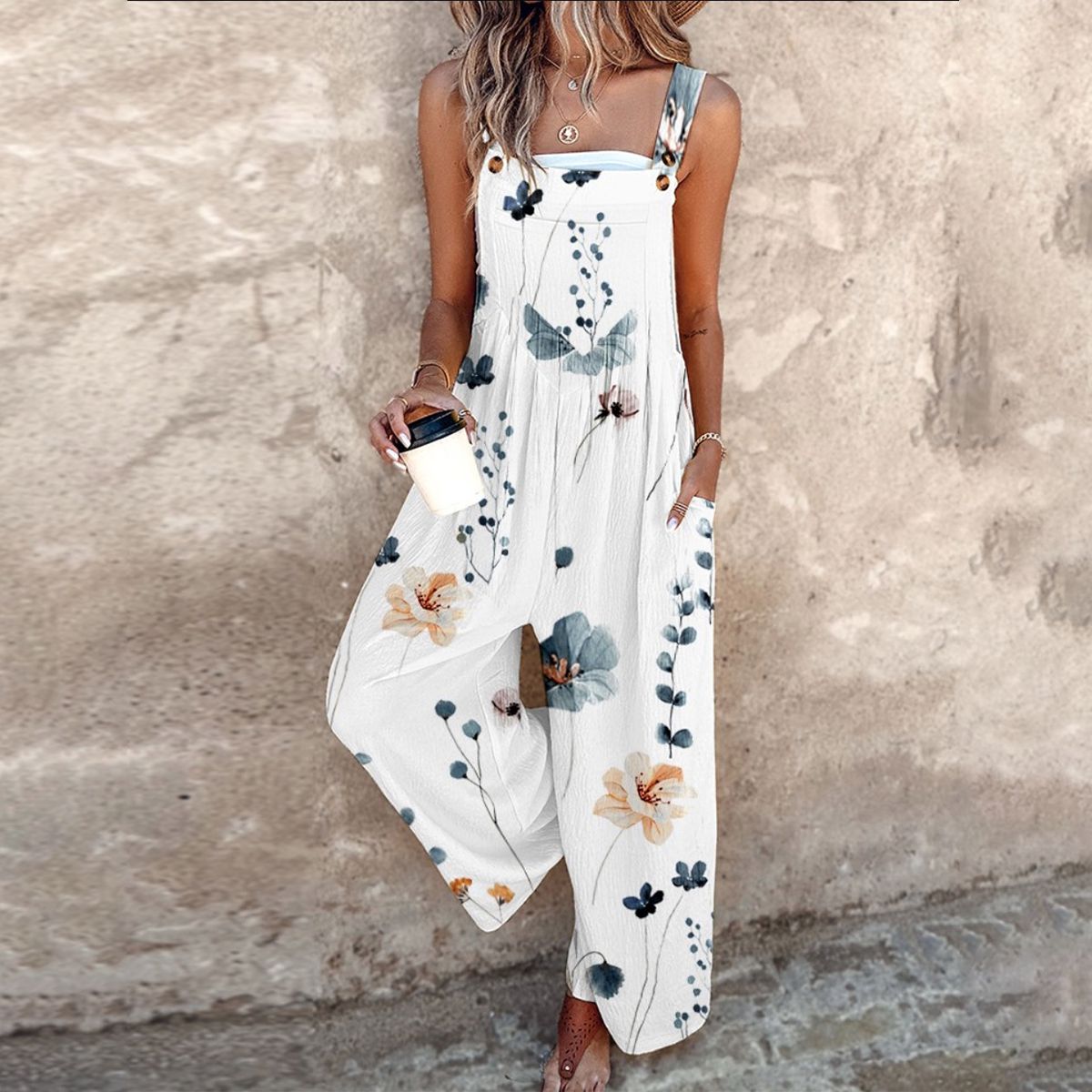 Daisy | Women's Floral Print Overalls Wide Leg Sleeveless Jumpsuit