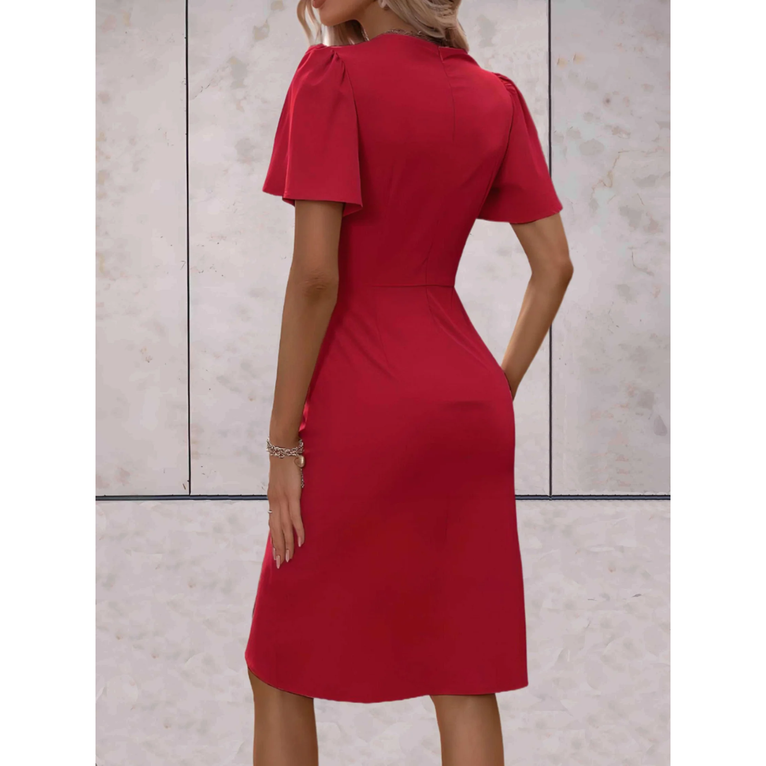 Tara | Women's Wrap Midi Dress Flutter Sleeve V-Neck Bodycon