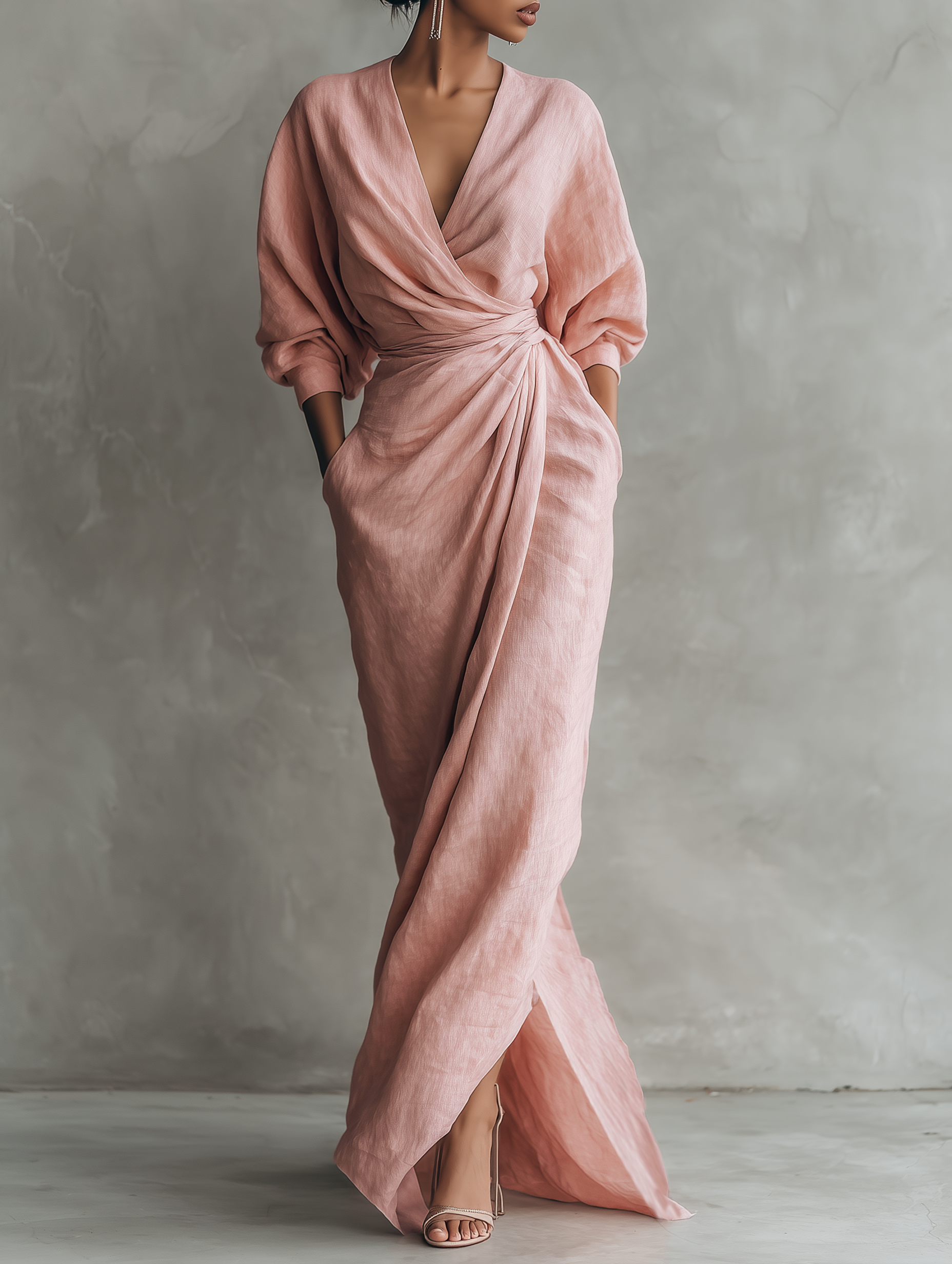 Women's Linen Wrap Maxi Dress V-Neck Long Sleeve High Slit Draped