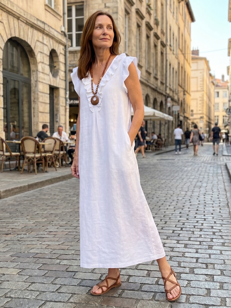 Women's Ruffle Trim V-Neck Sleeveless Midi Dress Blue Casual Beach