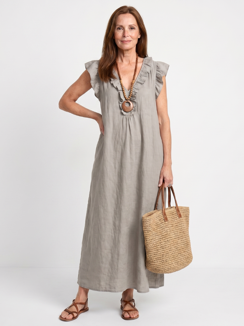 Women's Ruffle Trim V-Neck Sleeveless Midi Dress Blue Casual Beach