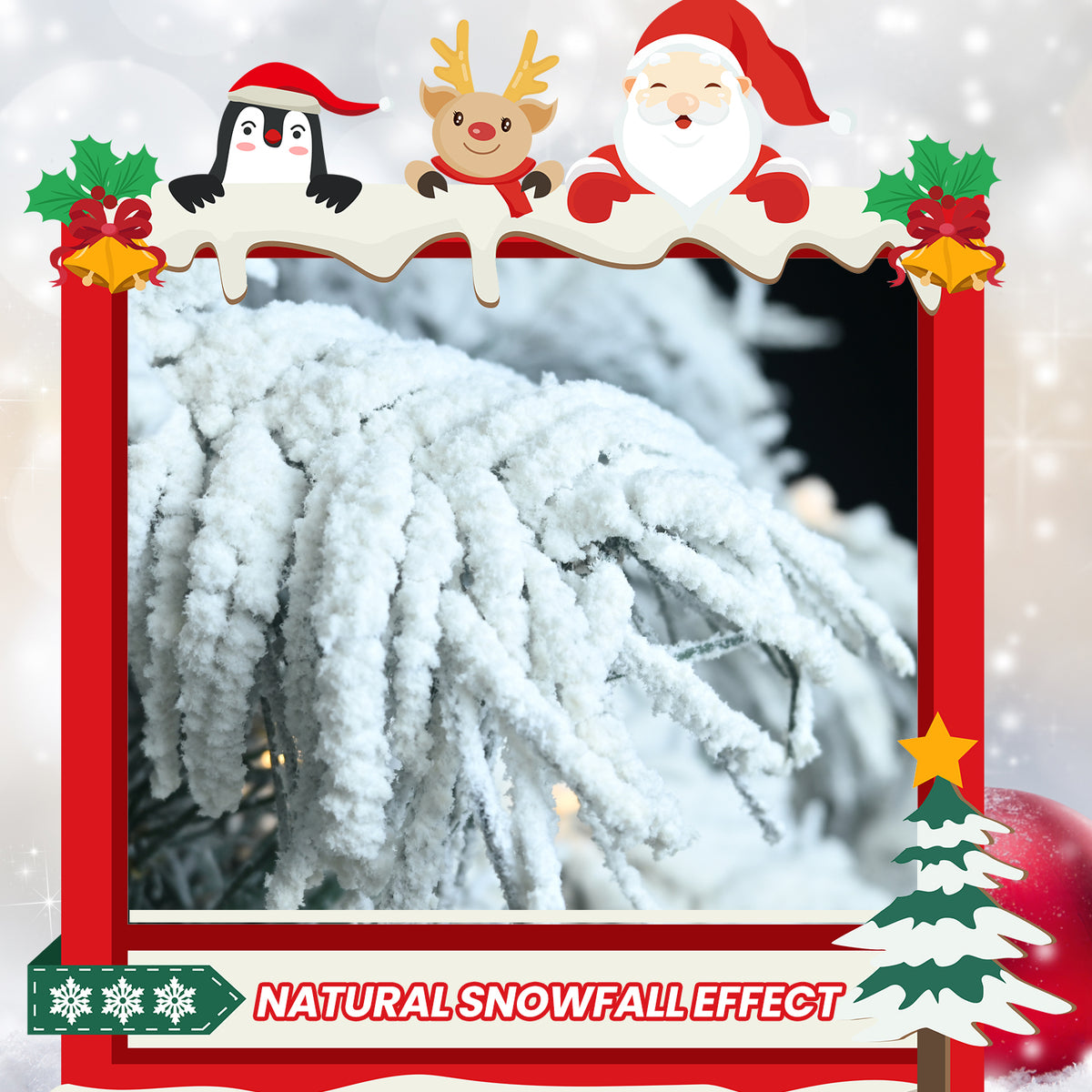 Pre-Lit Snow Flocked Christmas Tree 5ft, 6ft, 7ft, 8ft – Warm White LED, Hinged Branches