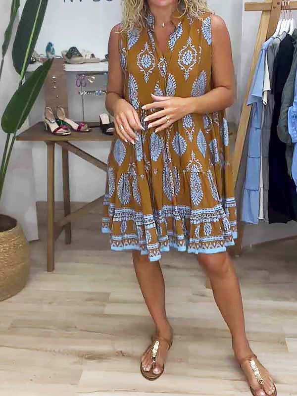 Zara | Women's Boho Print V-Neck Sleeveless Tiered Mini Dress