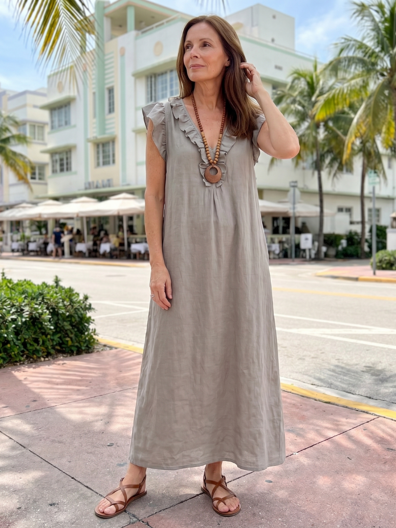 Women's Ruffle Trim V-Neck Sleeveless Midi Dress Blue Casual Beach