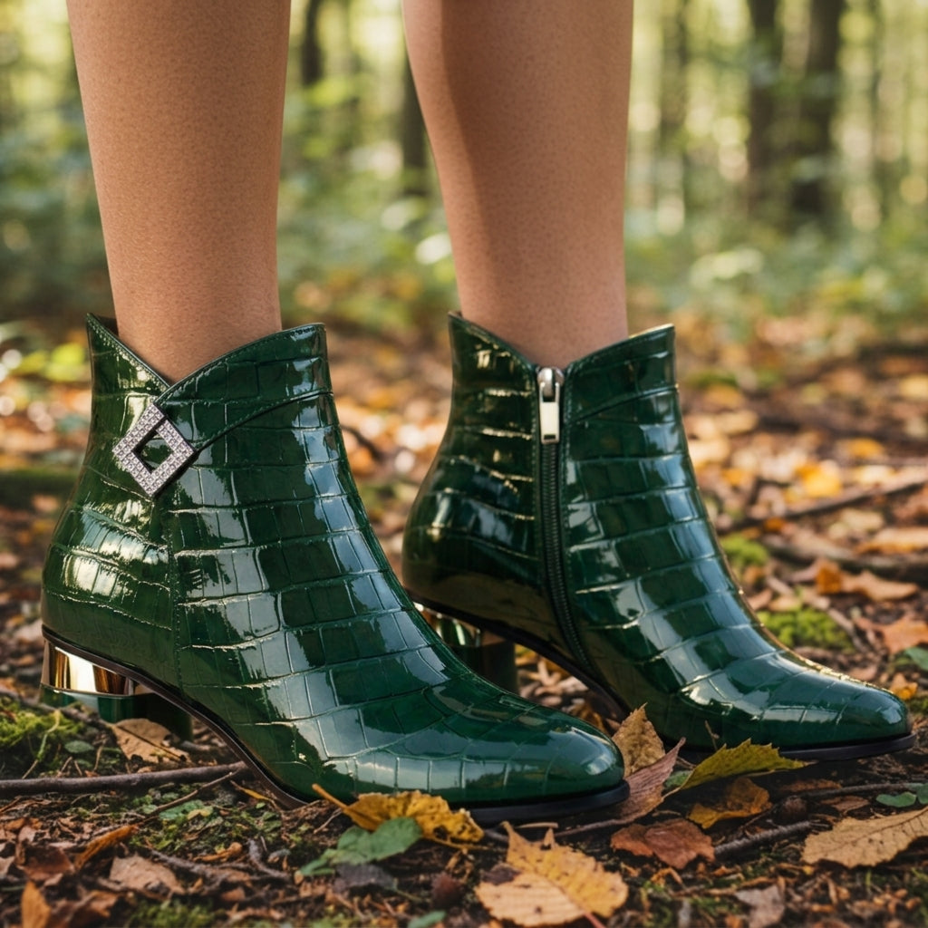 Elegant Croc Embossed Ankle Boots Block Heel