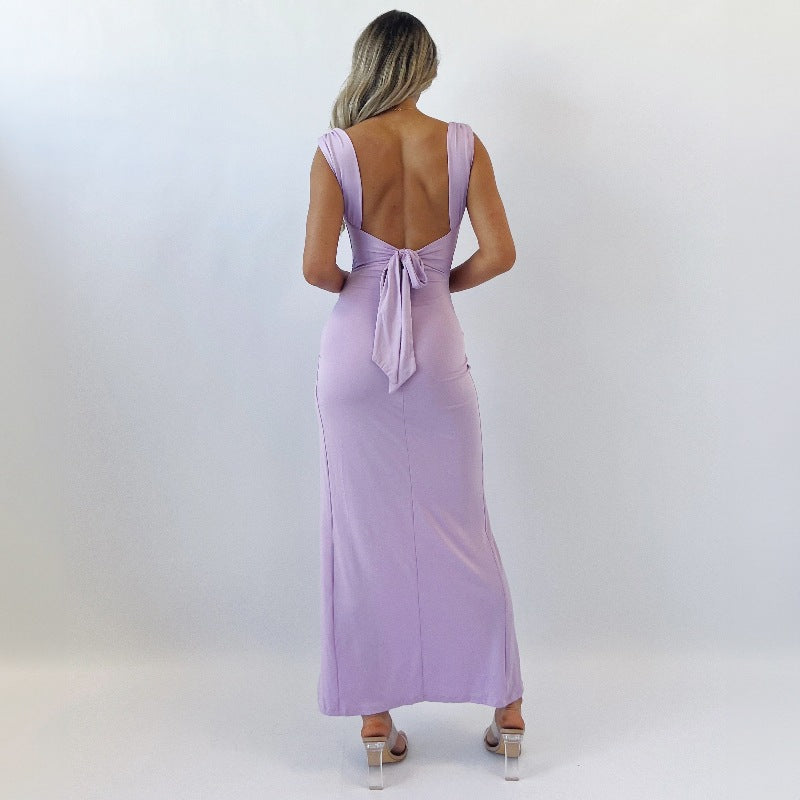 Women's Bodycon Maxi Dress Cowl Neck High Slit Tie-Back Sleeveless Party