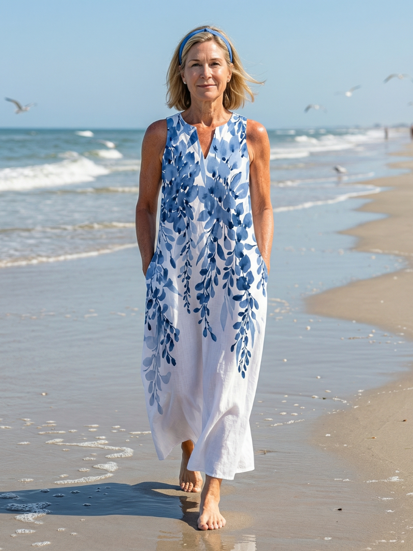 Women's Floral Maxi Dress Sleeveless V-Neck Beach Sundress