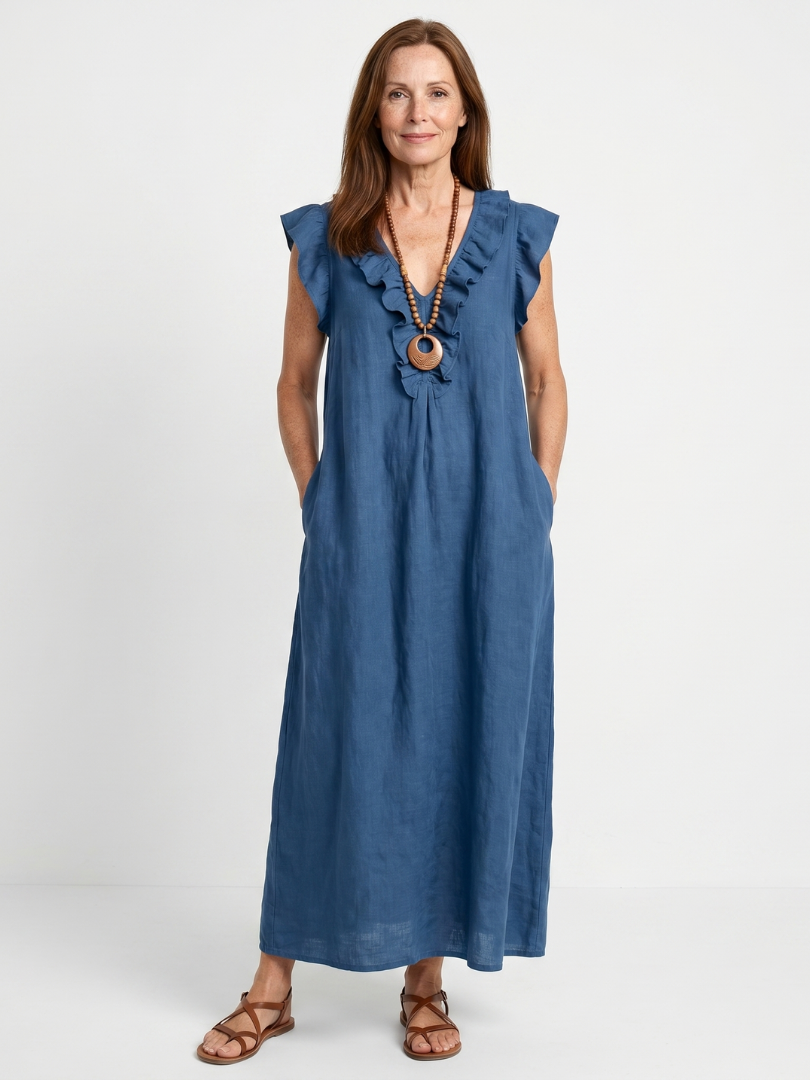 Women's Ruffle Trim V-Neck Sleeveless Midi Dress Blue Casual Beach