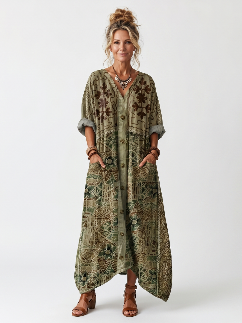 Women's Embroidered Midi Dress V-Neck Button Front Pocket Boho Floral Olive Green