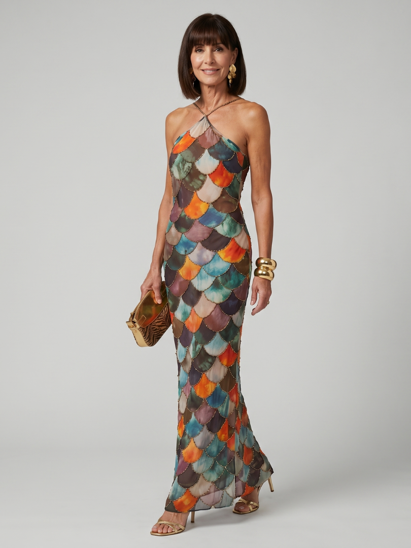 Women's Halter Neck Maxi Dress Multicolor Scale Print Fitted Backless Evening Gown