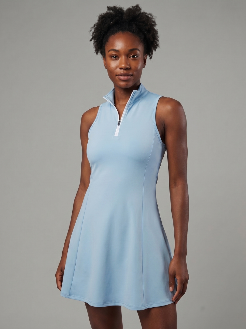 Women's Sleeveless Tennis Dress Quarter Zip Mock Neck A-Line Activewear