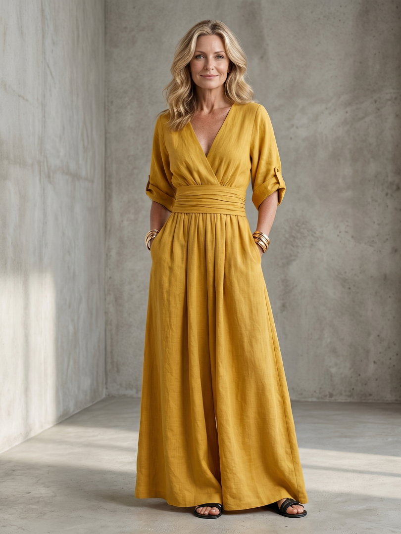 Women's Cross Front Wide Leg Jumpsuit V-Neck Rolled Sleeve Belted Casual