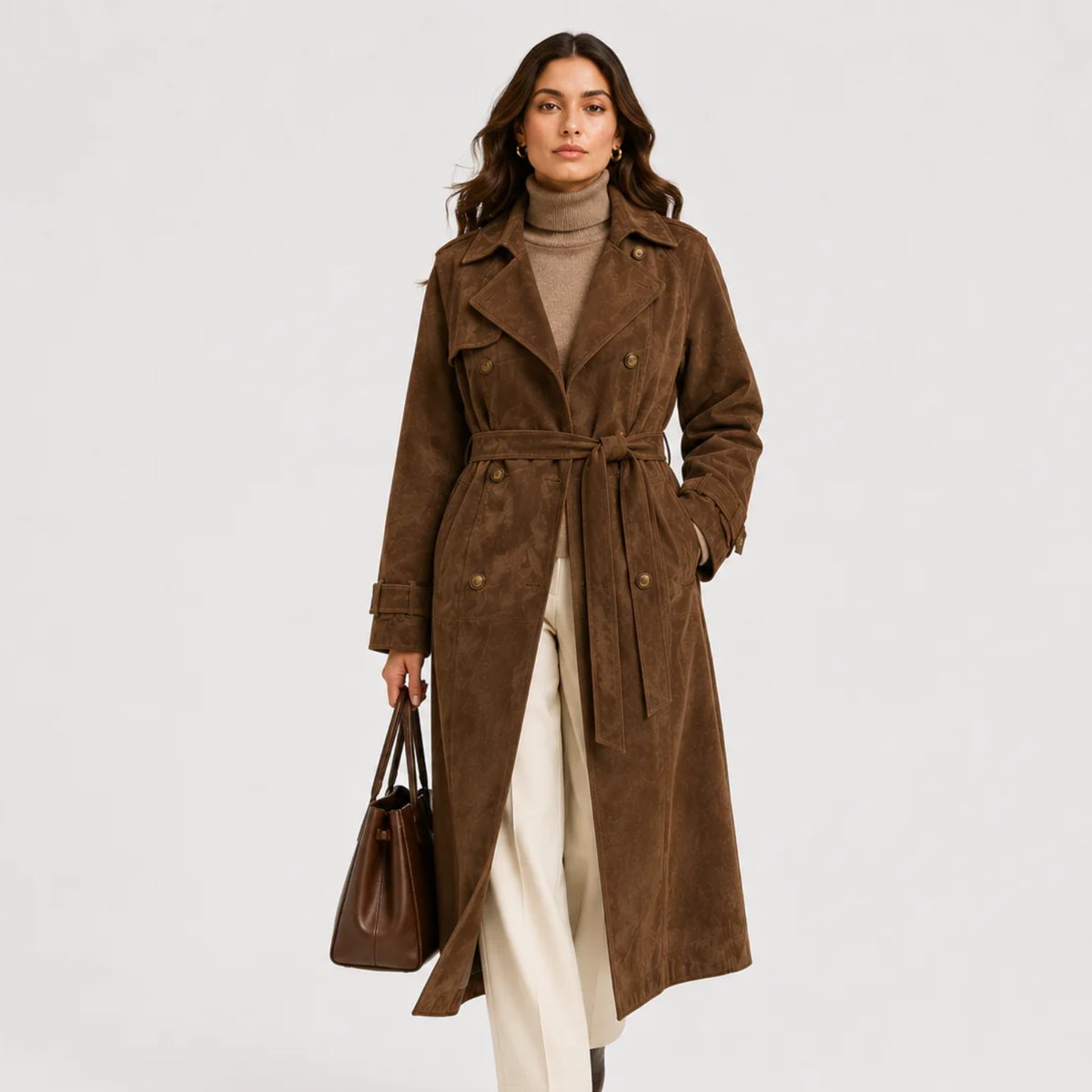 Women's Double Breasted Suede-Look Trench Coat Belted Long Brown