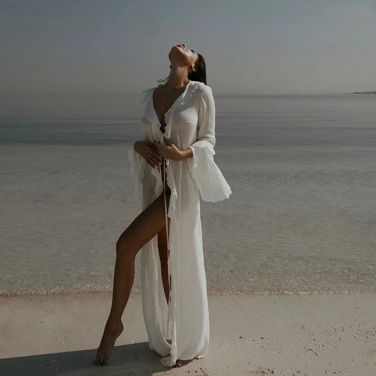 Women's Beach Maxi Dress V-Neck Long Sleeve Ruffle High Slit Cover Up