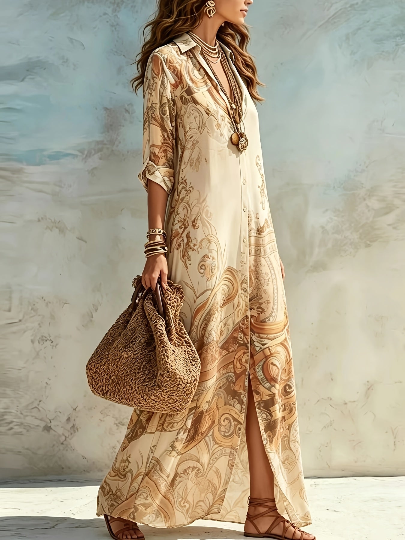 Women's Baroque Floral Print Maxi Shirt Dress Pointed Collar Long Sleeve Button Front Casual