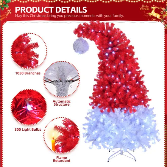 Pre-Lit Santa Hat Christmas Tree 6ft – Red and White Novelty Tree with Lights for Home or Store