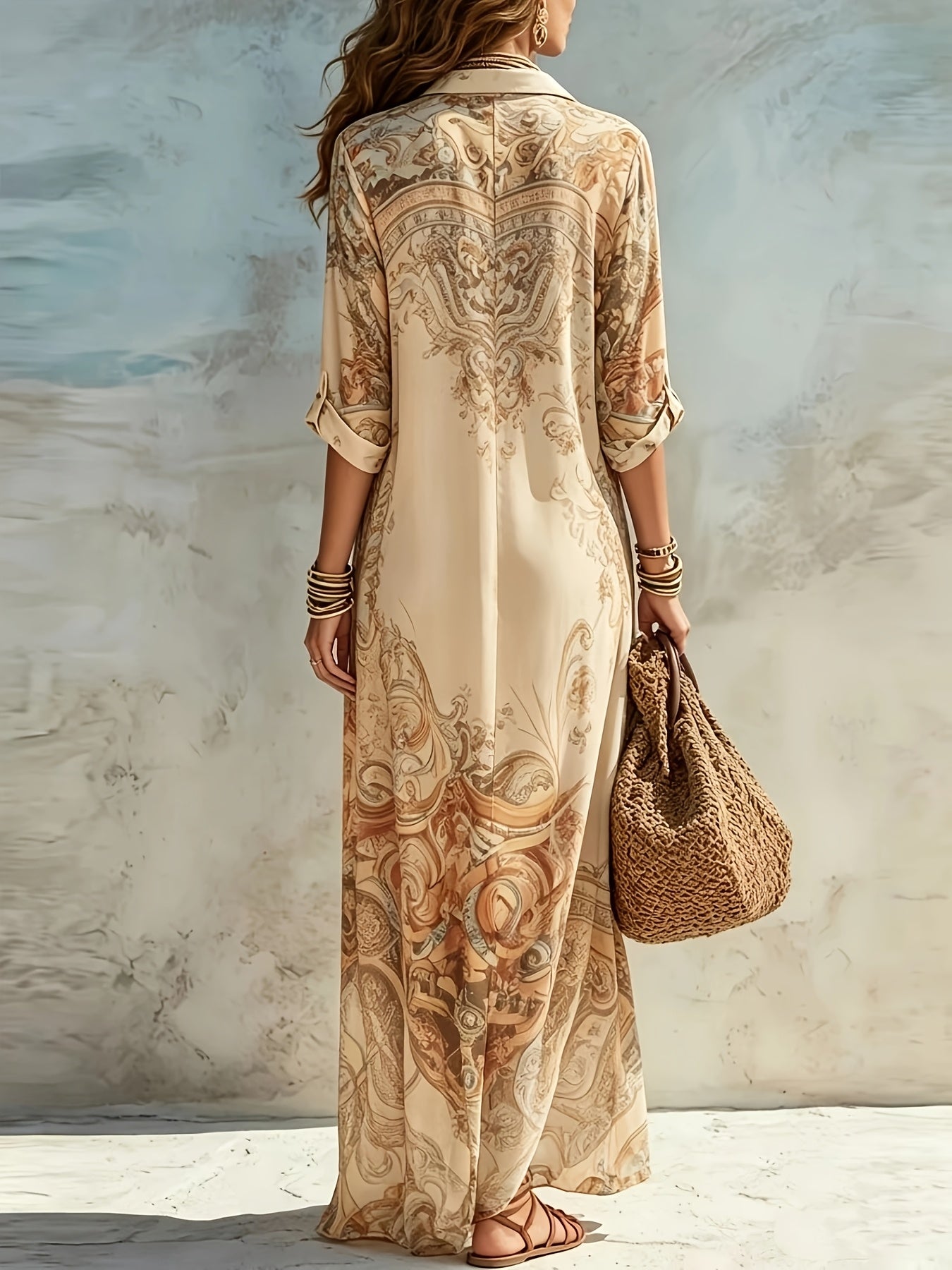 Women's Baroque Floral Print Maxi Shirt Dress Pointed Collar Long Sleeve Button Front Casual