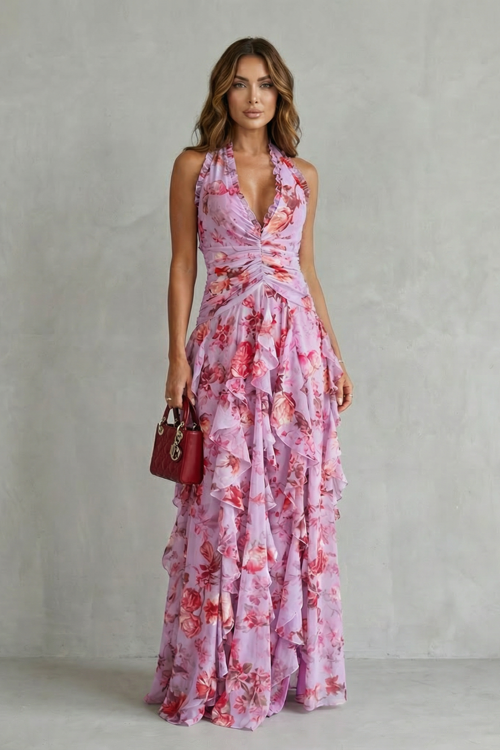 Women's Floral Halter Maxi Dress V-Neck Ruffle Backless Beach Party Gown