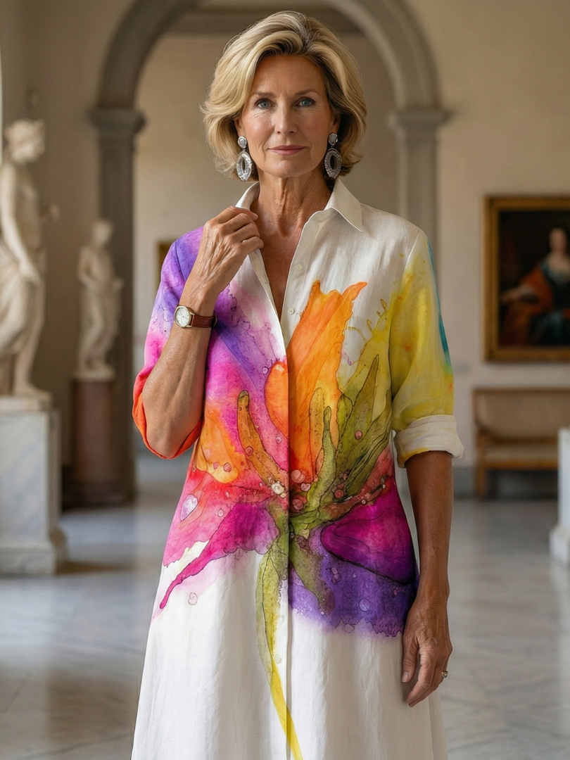 Women's Watercolor Floral Shirt Dress V-Neck Long Sleeve Button-Up Knee-Length Casual