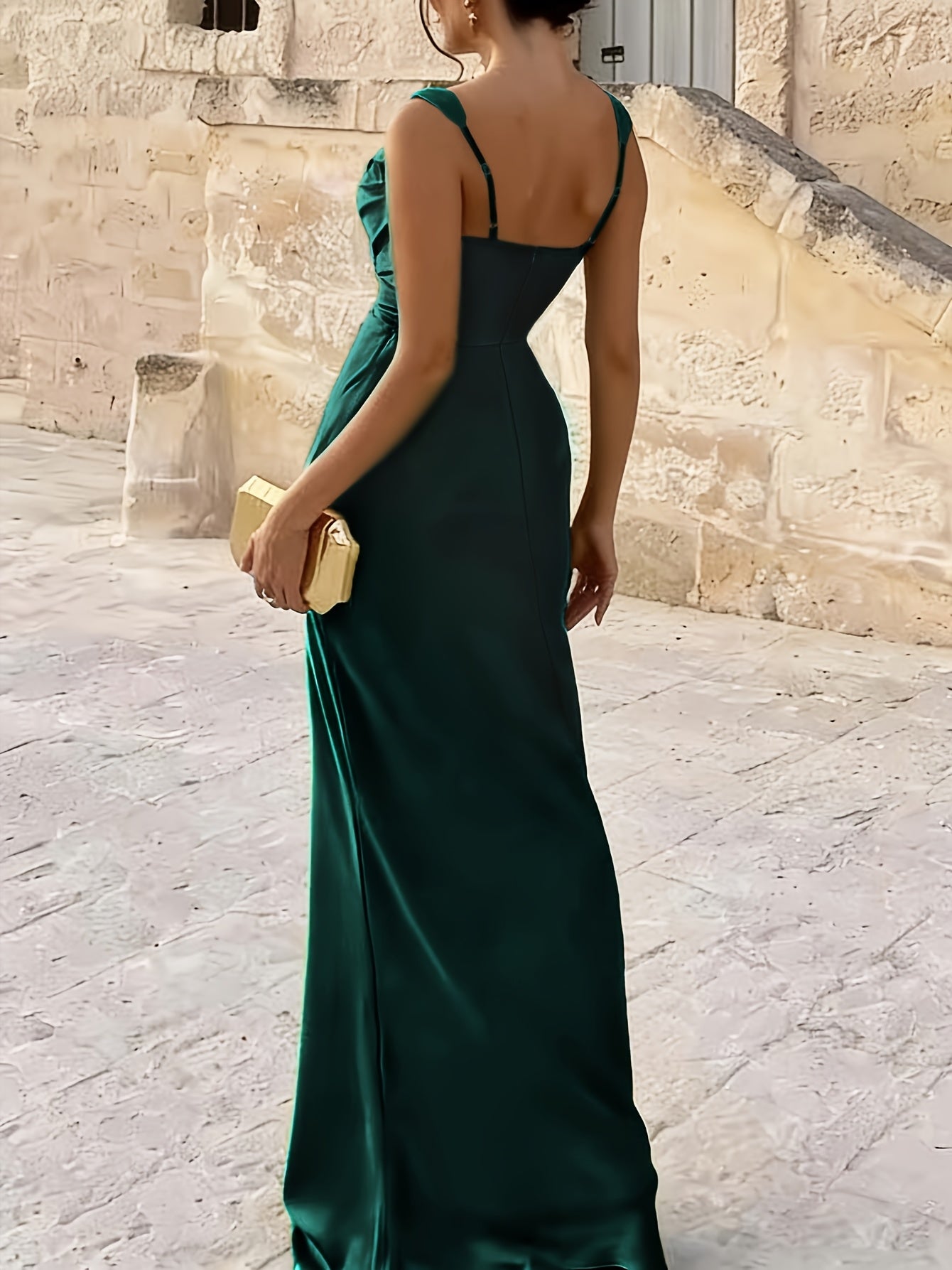 Women's Satin Maxi Dress Square Neck Spaghetti Strap Ruched Bodycon Wedding Party Gown