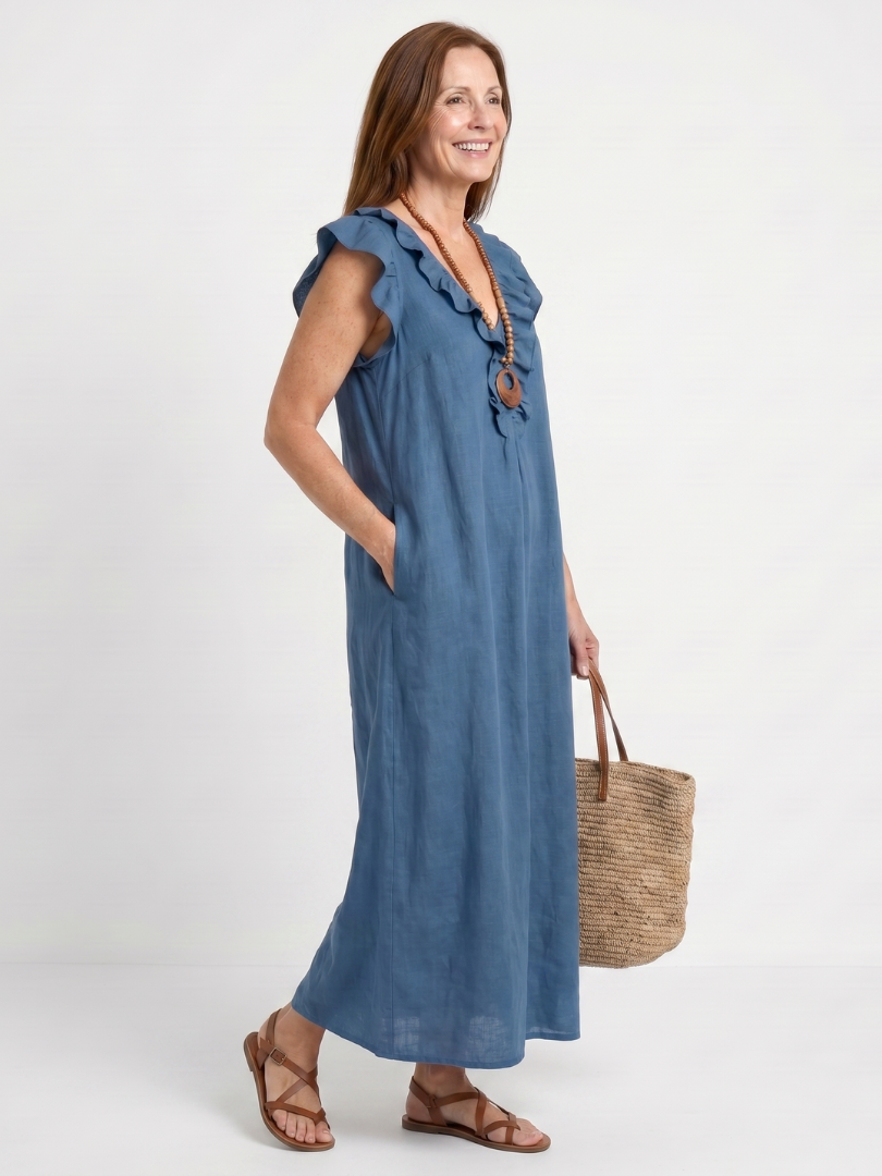 Women's Ruffle Trim V-Neck Sleeveless Midi Dress Blue Casual Beach