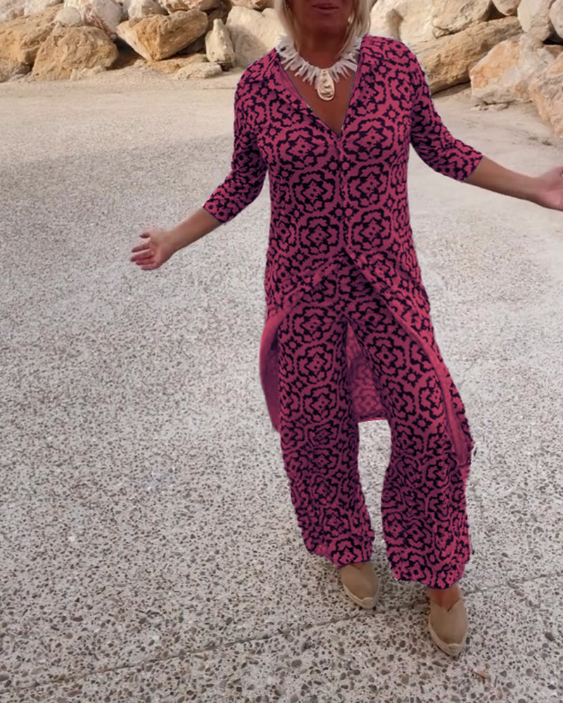 Mosa | Women's Printed Two Piece Set Longline Shirt Straight Pants
