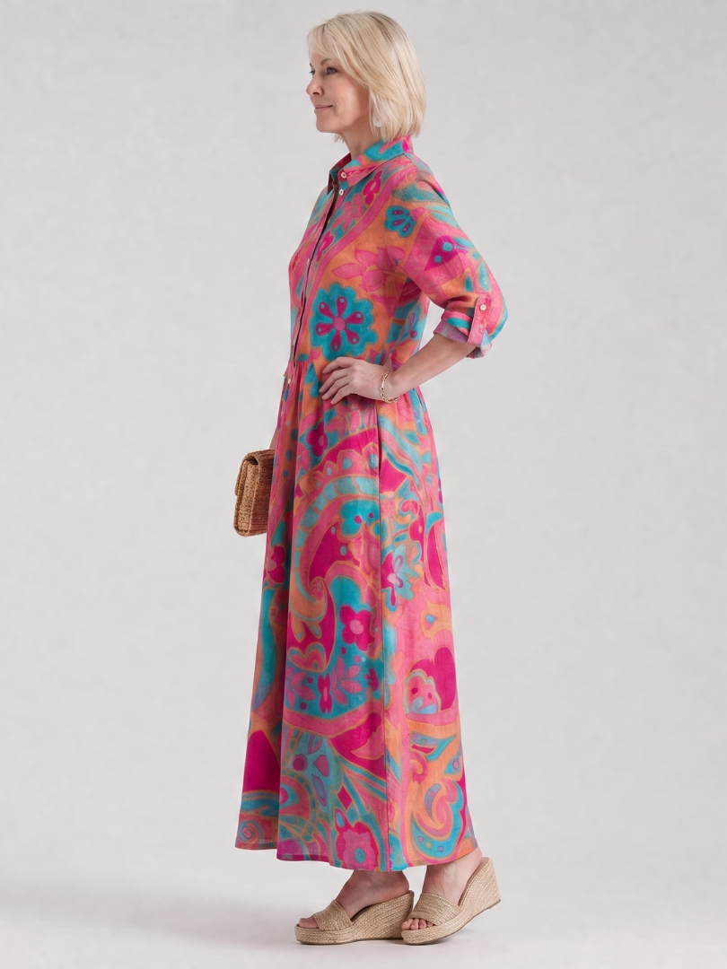 Women's Floral Midi Shirt Dress Button Front Collared 3/4 Sleeve Paisley Print