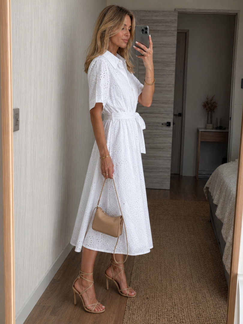 Women's Eyelet Shirt Dress Short Sleeve Button Front Belted Midi Casual