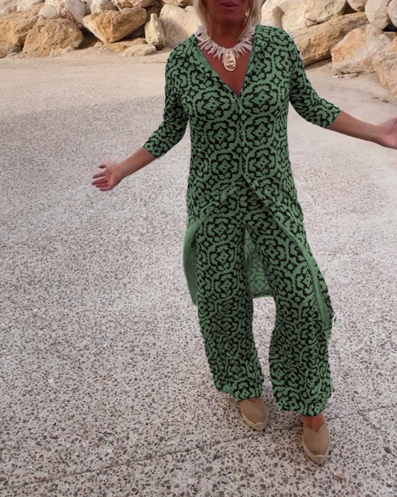 Mosa | Women's Printed Two Piece Set Longline Shirt Straight Pants