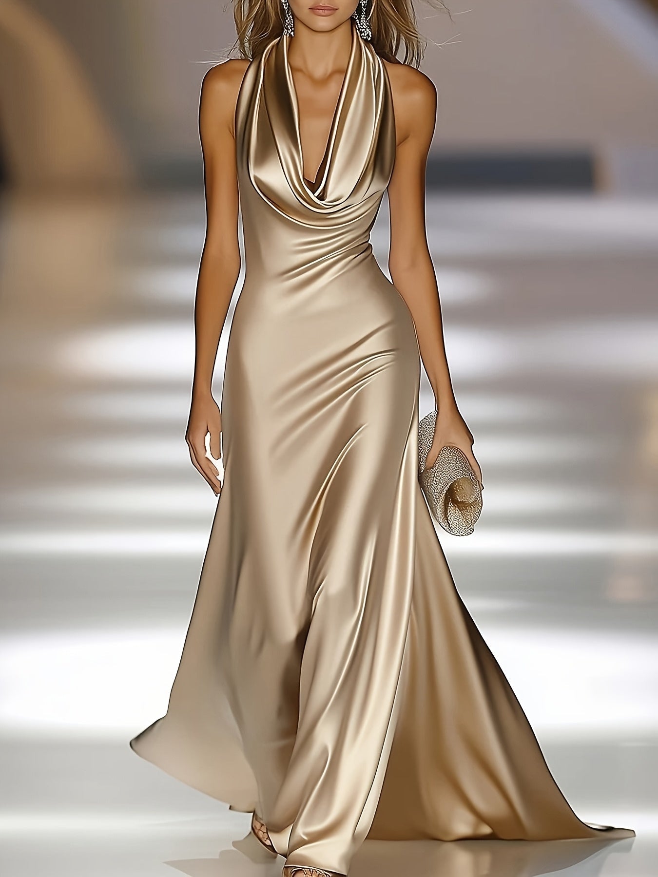Women's Satin Maxi Dress Cowl Neck Backless Sleeveless Champagne Formal Evening Gown