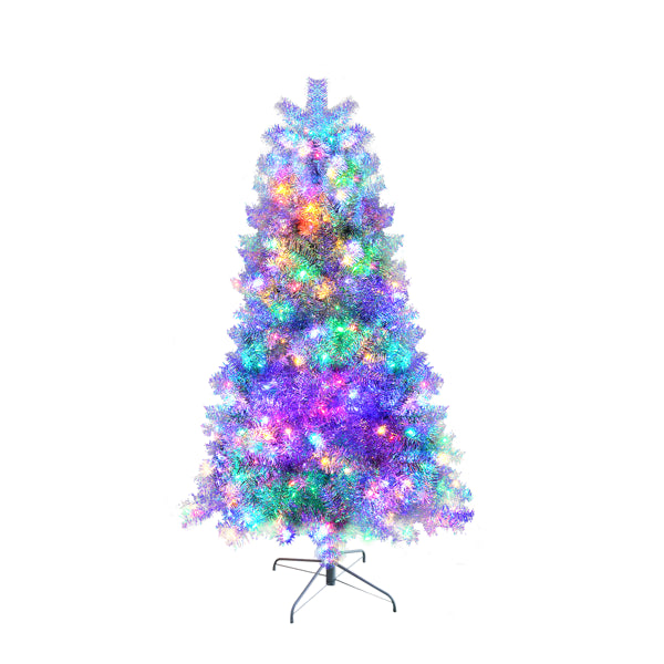 Pre-Lit Silver Christmas Tree 6ft – 300 LED Lights, 11 Light Modes, 800 Tips, Hinged Branches