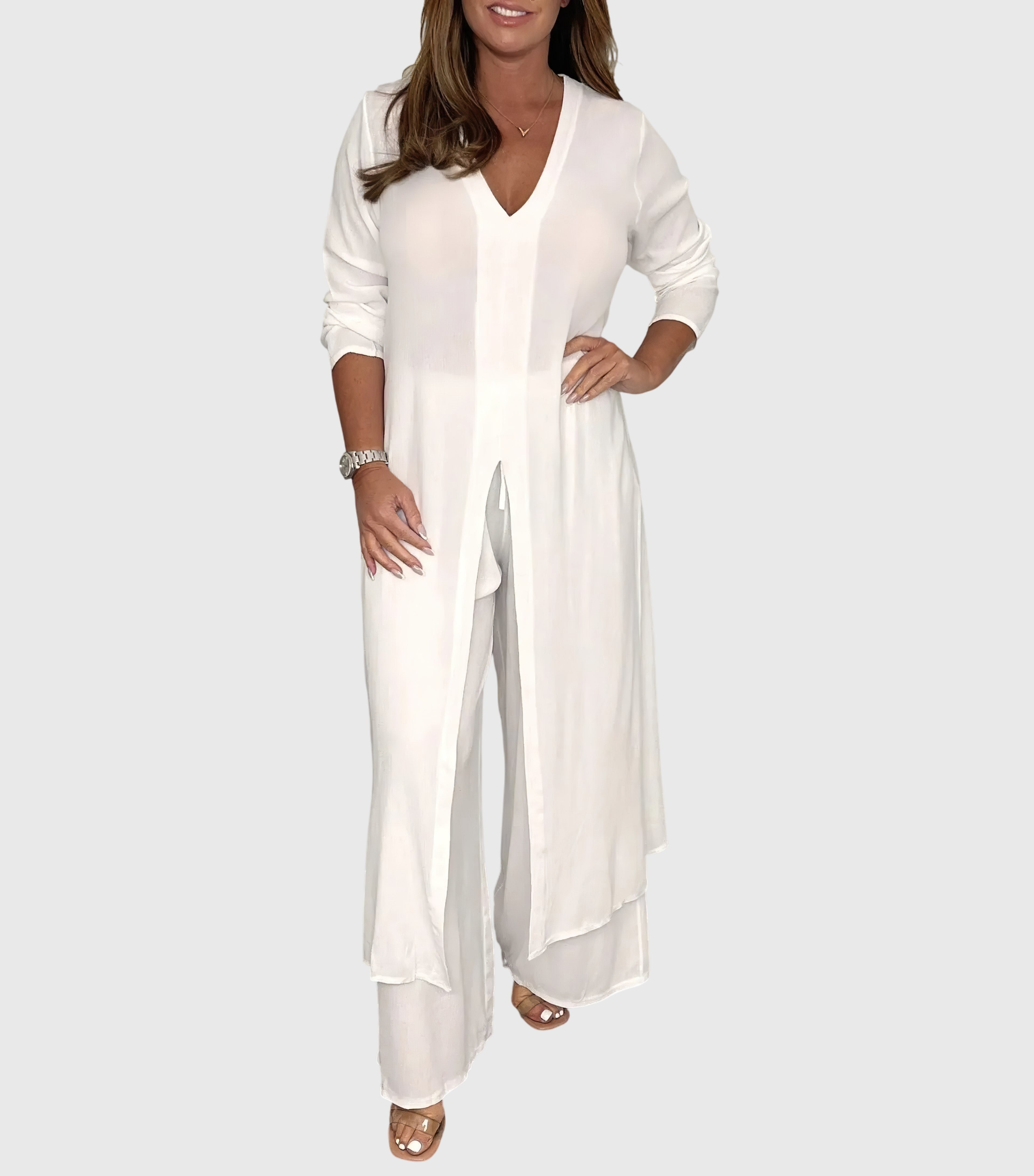 Pearl | Women's Duster Cardigan Two-Piece Set Wide Leg Pants