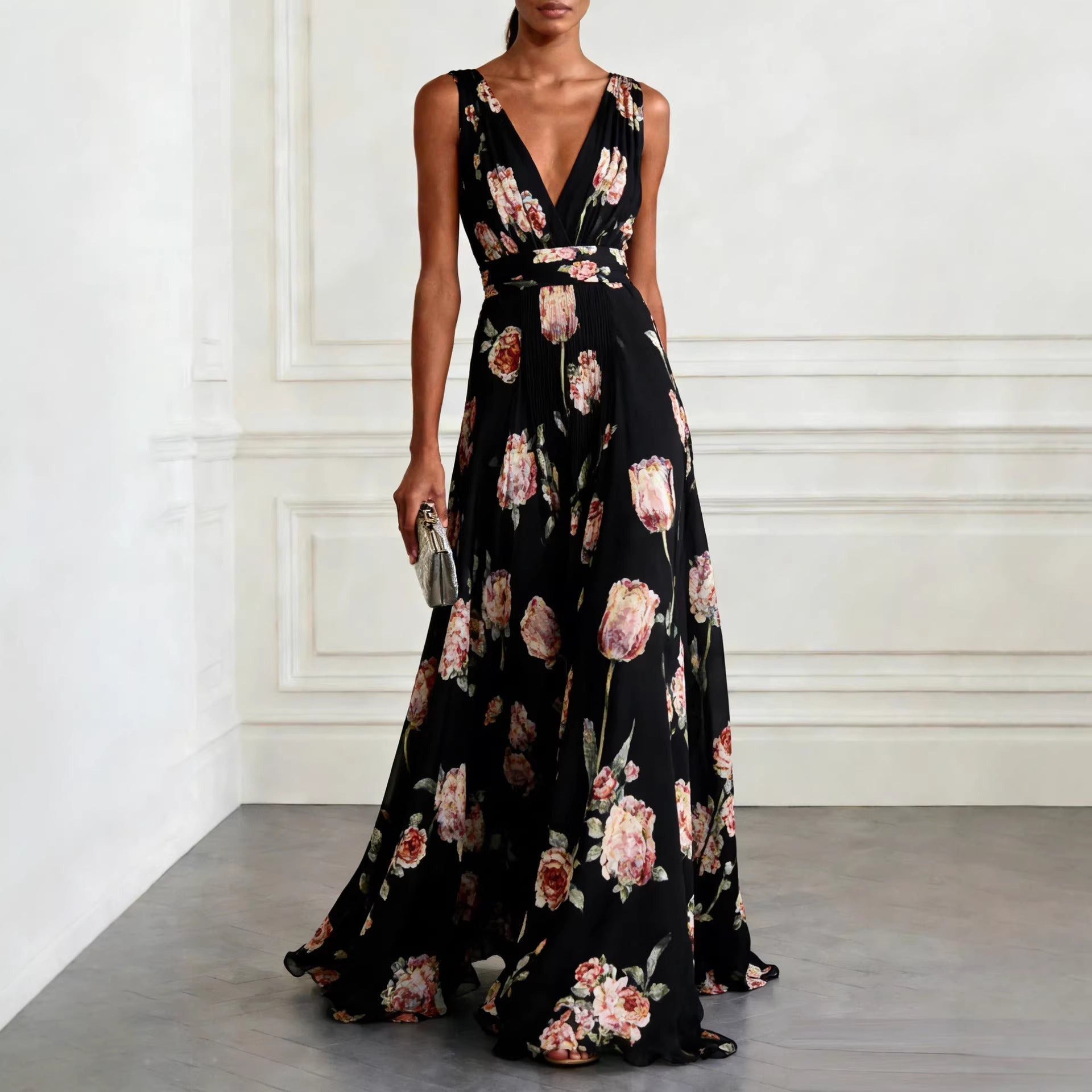 Women's Maxi Dress Tulip Print Wrap V-Neck Sleeveless