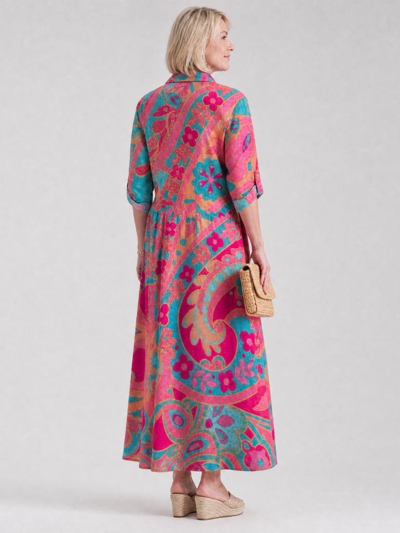 Women's Floral Midi Shirt Dress Button Front Collared 3/4 Sleeve Paisley Print
