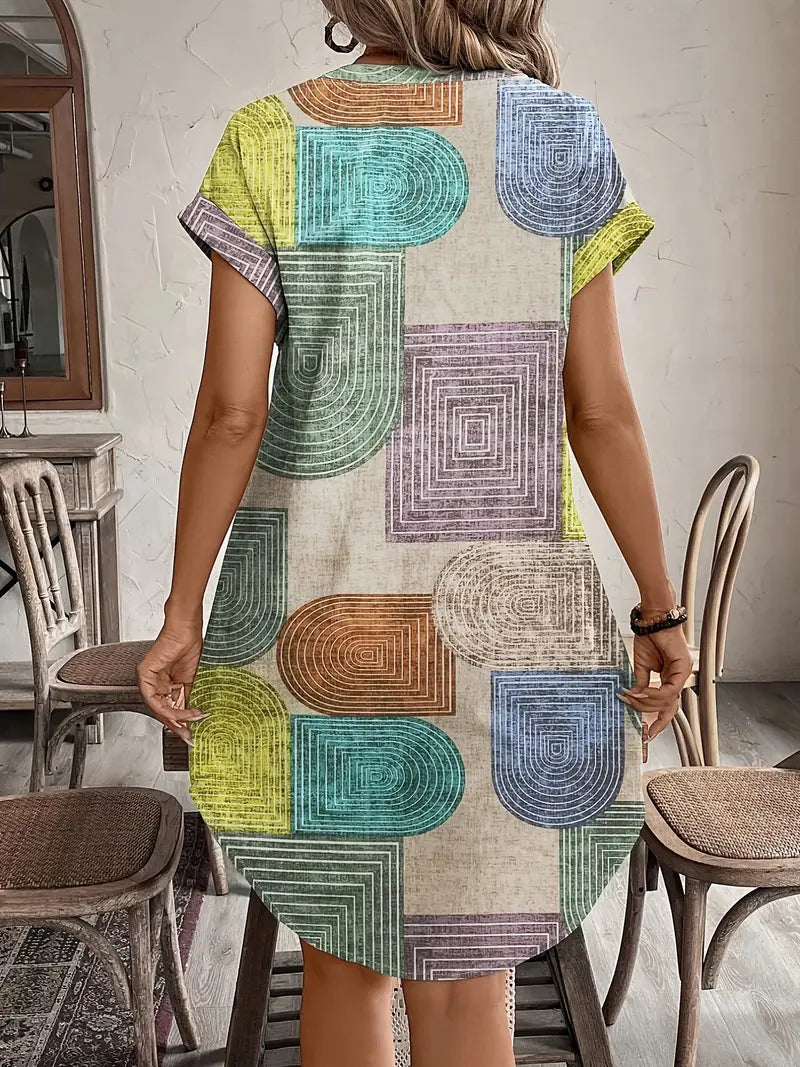 Prism | Women's Geometric Print Mini Dress Button Front V-Neck