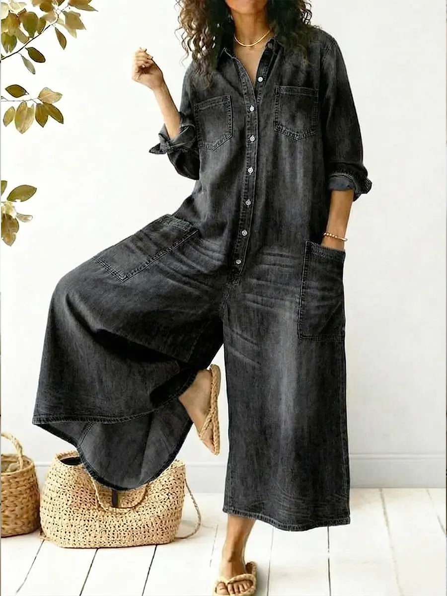 Jeen | Women's Denim Jumpsuit Long Sleeve Button Front Wide Leg