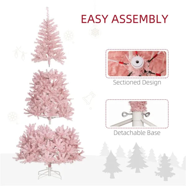 Pre-Lit Pink Christmas Tree 7.5ft – 500 Warm White LED Lights, 1346 Tips, Hinged Branches