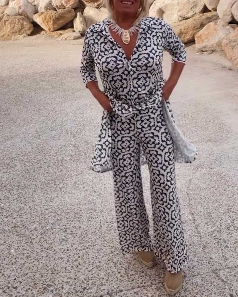 Mosa | Women's Printed Two Piece Set Longline Shirt Straight Pants