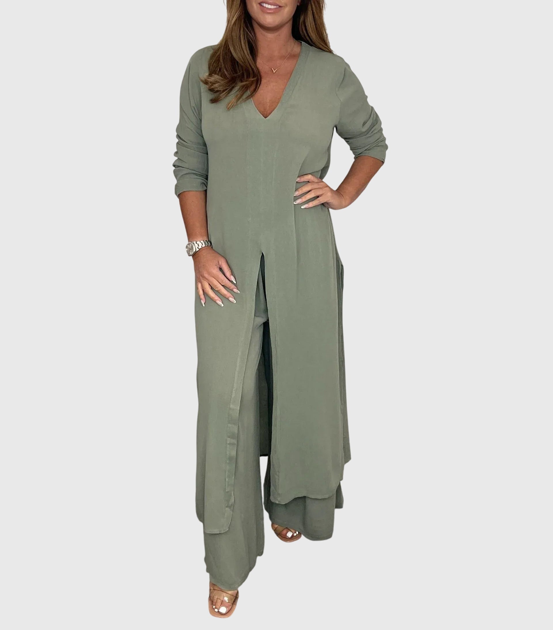Pearl | Women's Duster Cardigan Two-Piece Set Wide Leg Pants
