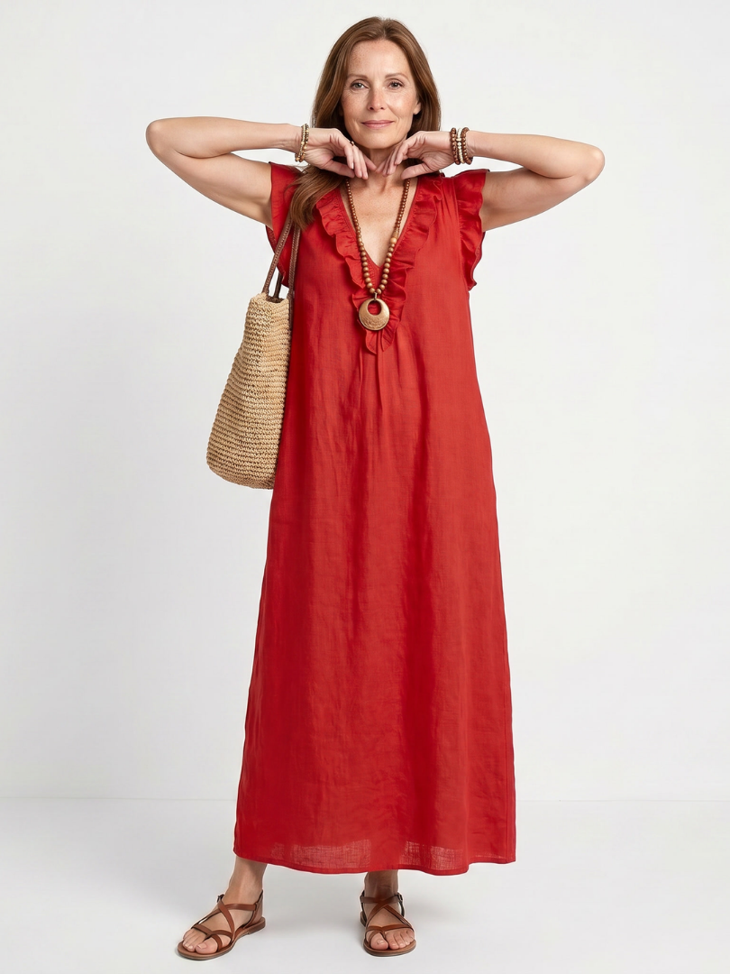 Women's Ruffle Trim V-Neck Sleeveless Midi Dress Blue Casual Beach