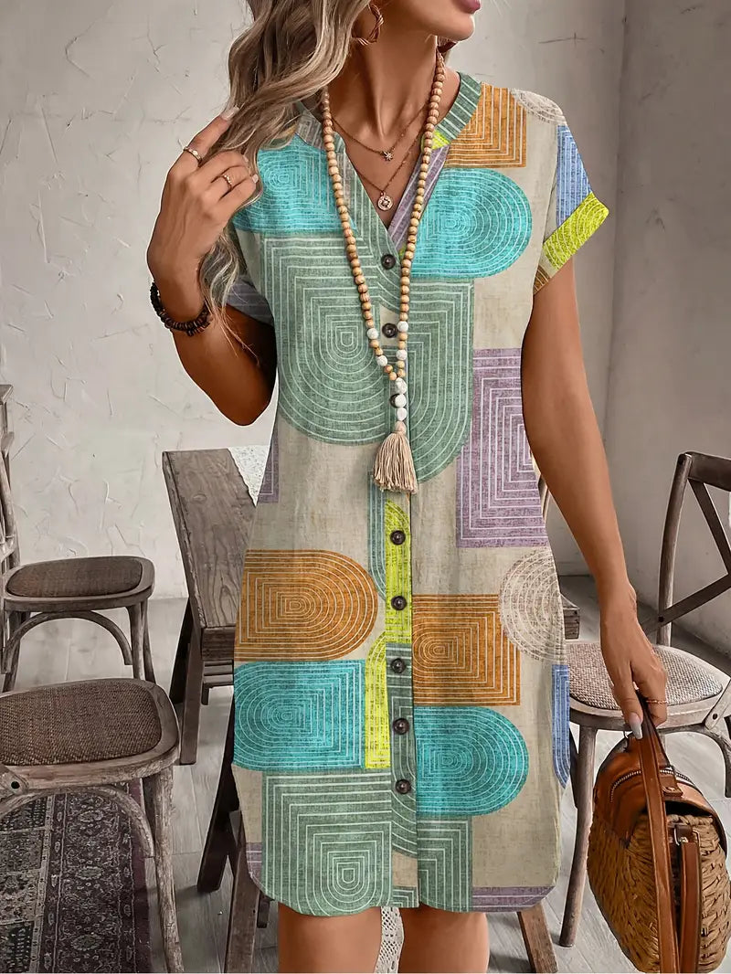 Prism | Women's Geometric Print Mini Dress Button Front V-Neck