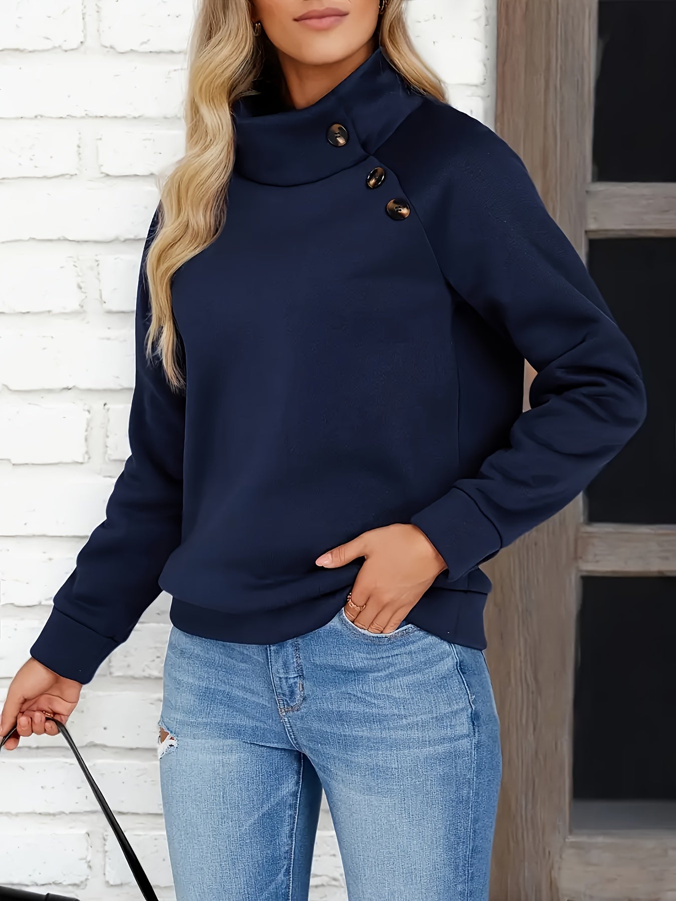 Refined Mock Neck Button-Accent Sweatshirt