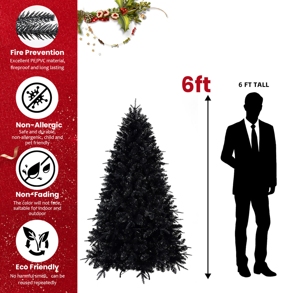 Pre-Lit Black Christmas Tree 5ft, 6ft, 7ft, 8ft – White Lights, PE/PVC Tips, Hinged Branches