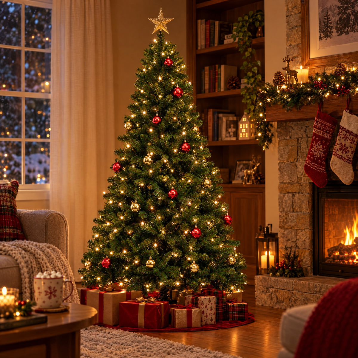 6ft Pre-Lit Christmas Tree with Ornaments – Hinged Pine, Warm White Lights & Remote